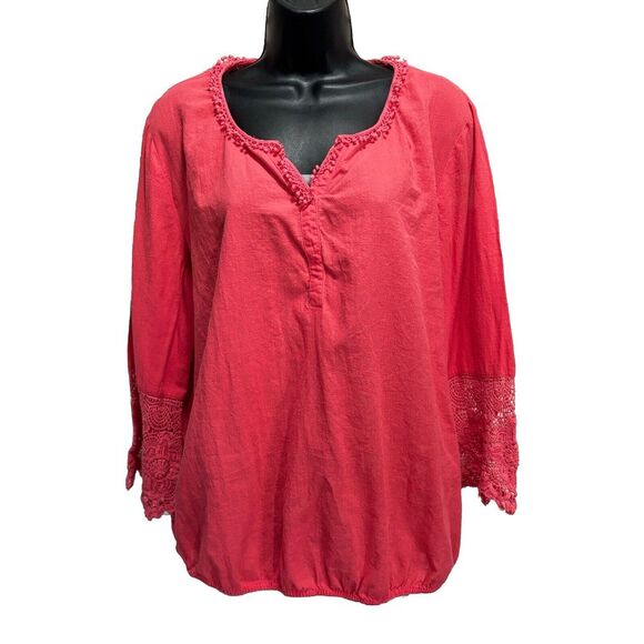 Style & Co Pink‎ Crochet Bell Long Sleeve Blouse Elastic Hem Size XL Cotton - Picture 1 of 8